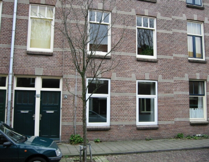 Voorzijde woning. Rechter voordeur met de 2 ramen rechts van de voordeur